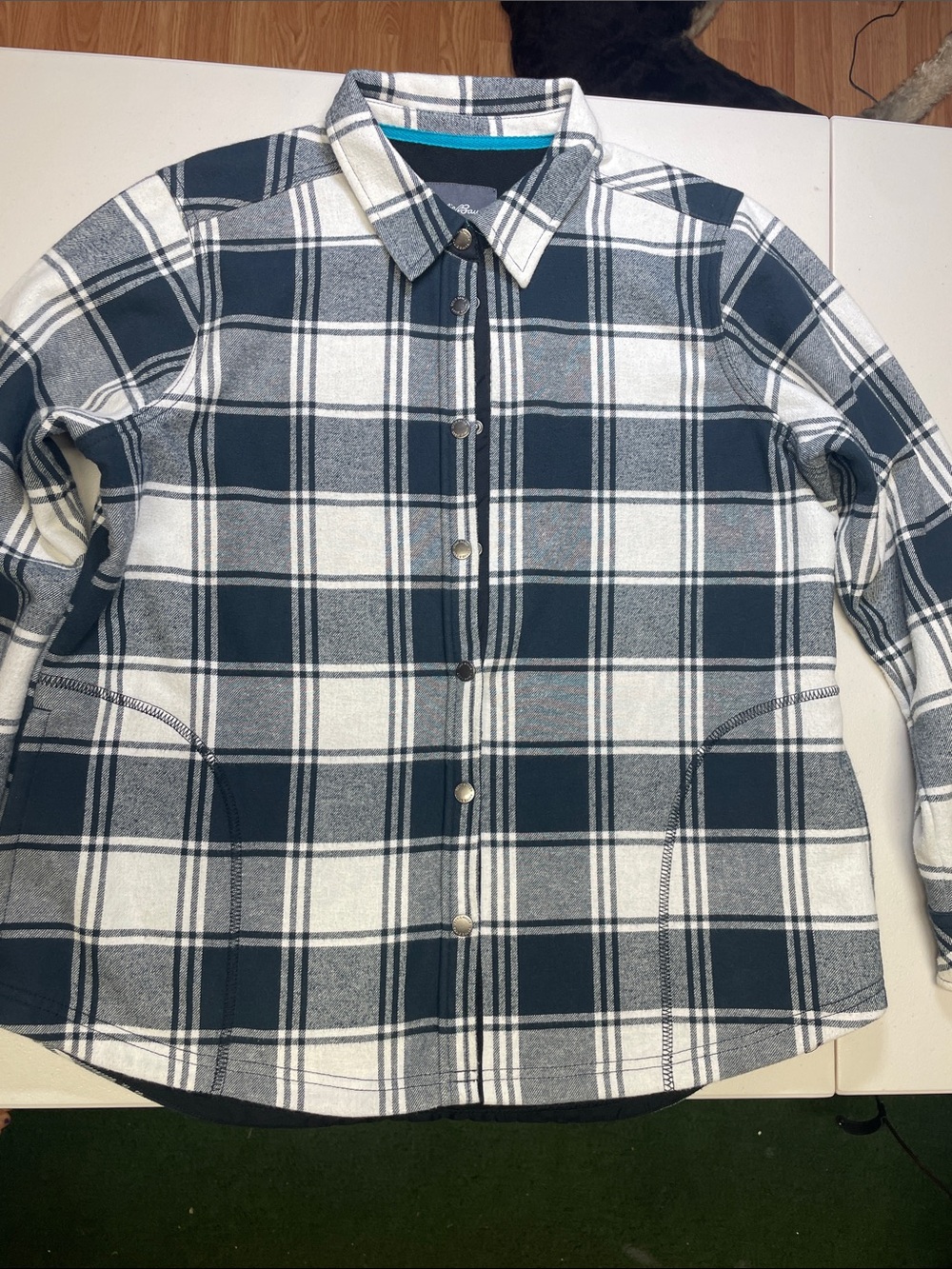 Eddie Bauer Navy and White Plaid Snap-Front Jacket